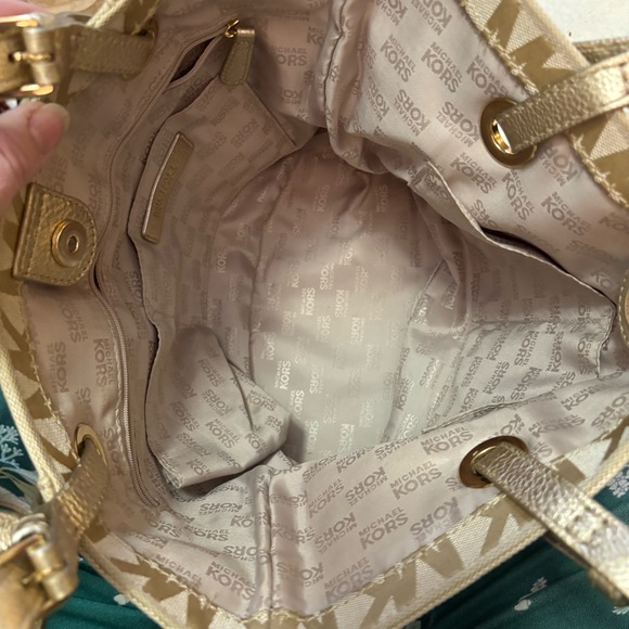 Michael Kors MK Signature Monogram Canvas Leather Trim Tote Bag Gold - Picture 6 of 8